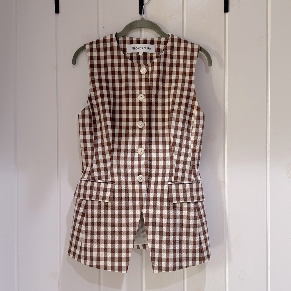 Veronica Beard Lois Gingham Seersucker Vest - 4 - Light Chickory & Dove